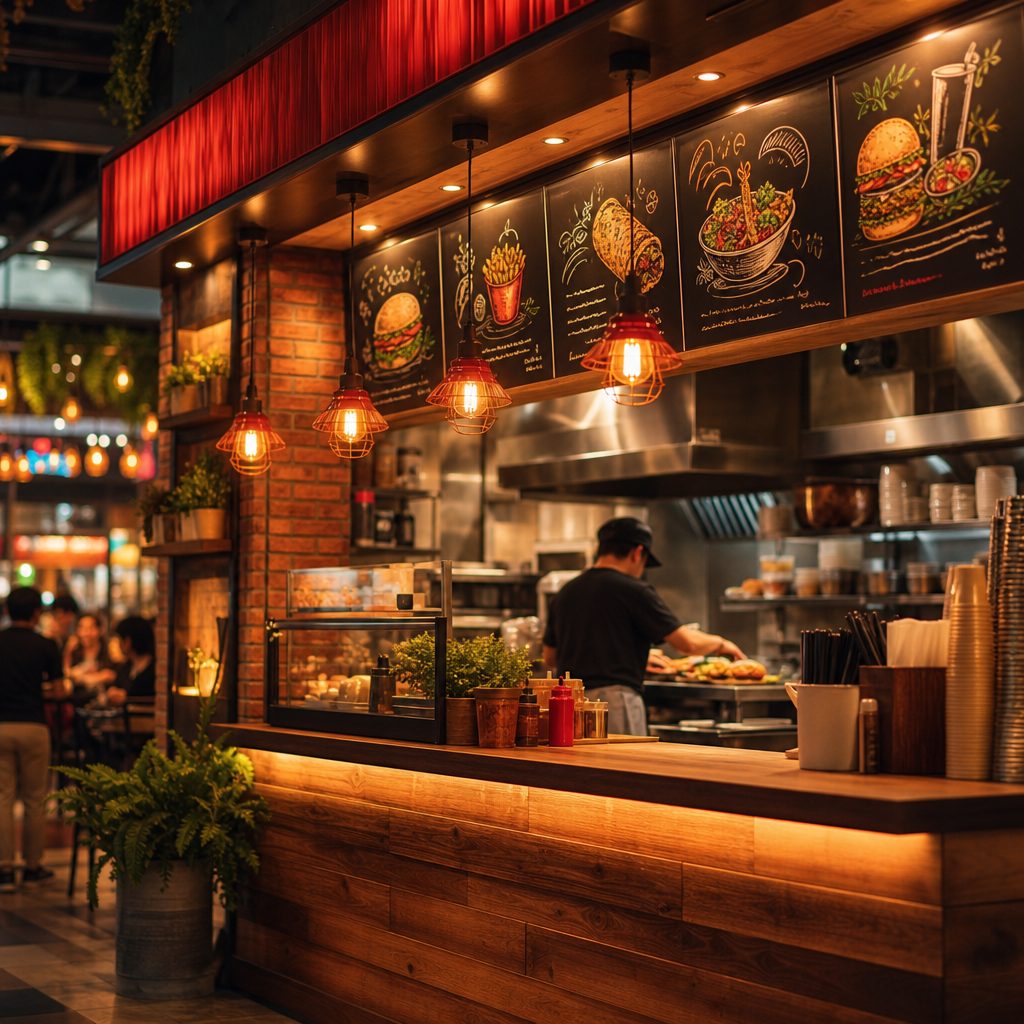 The warm, cozy counter of Chick N Cheese in the food court