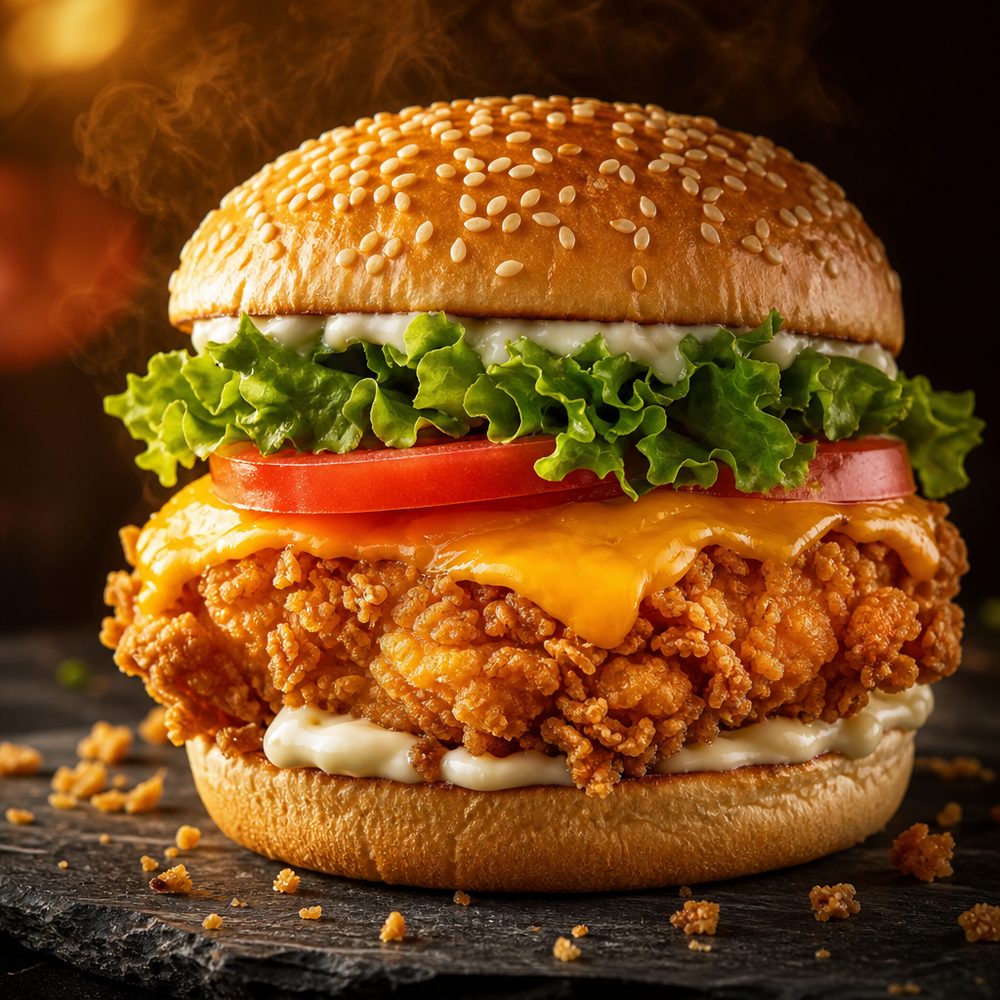 Crispy chicken zinger burger with cheese