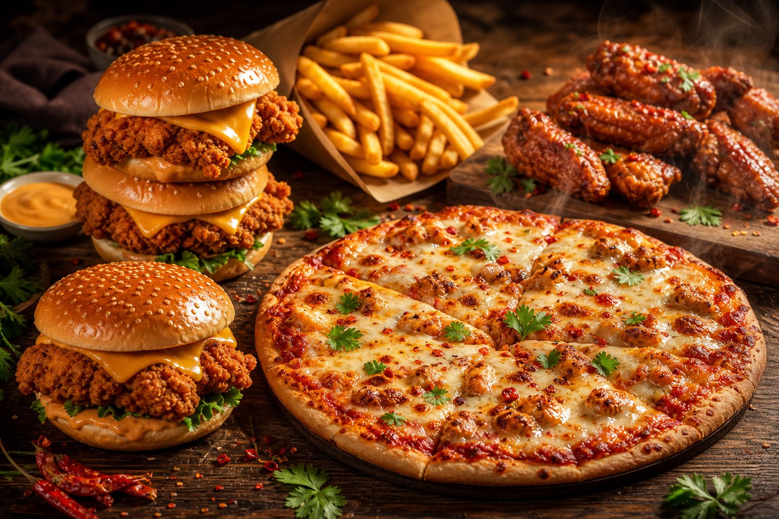 A spread of fried chicken, cheese pizza and loaded fries