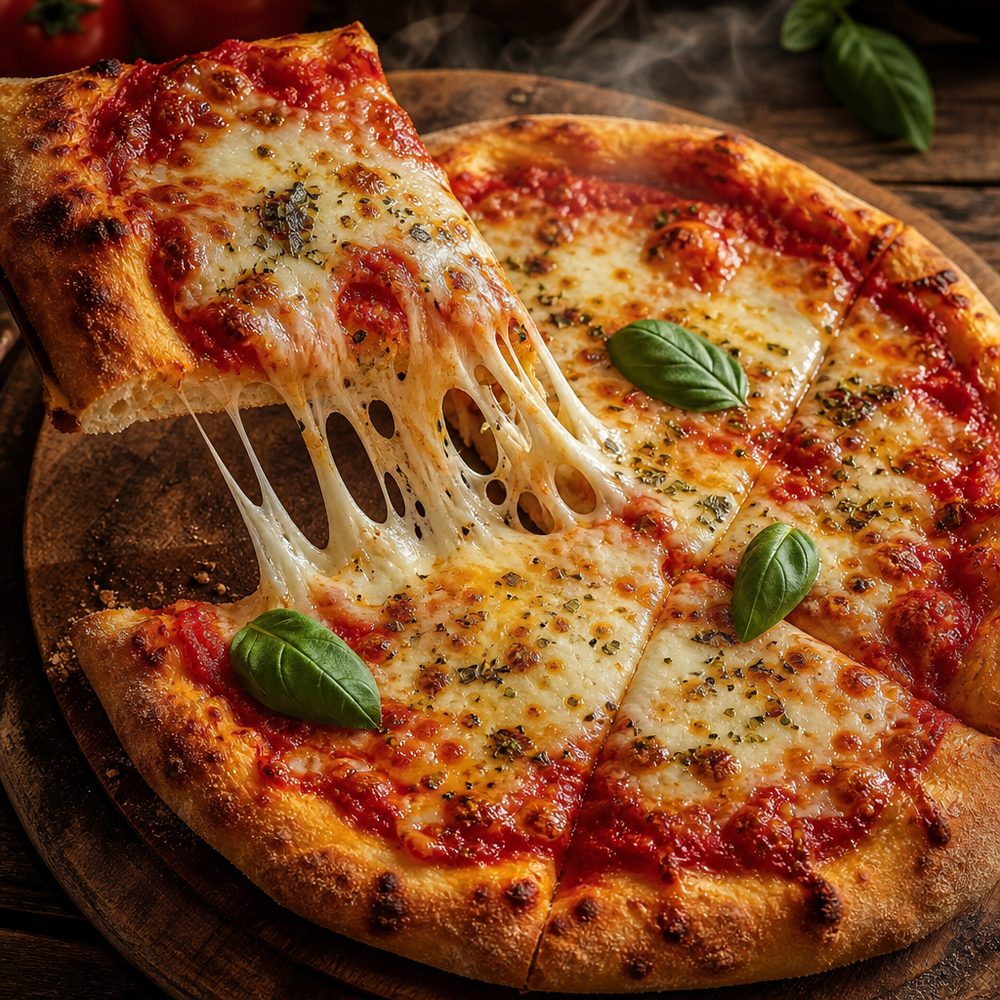 Wood-fired cheese pizza with melting mozzarella