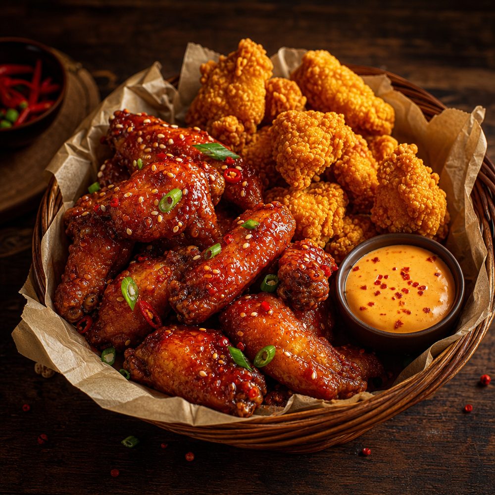 Crispy hot wings and chicken nuggets